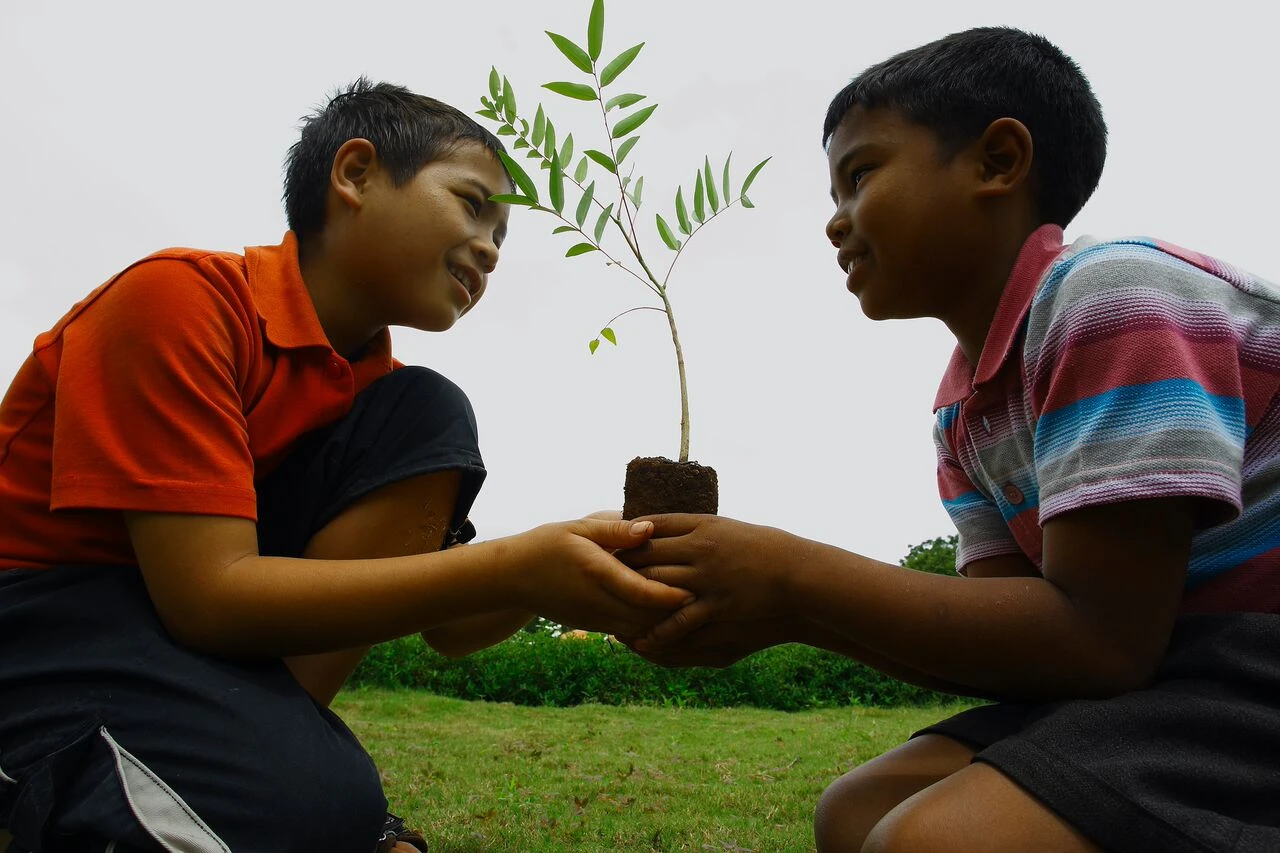 Two kids planting a sapling
